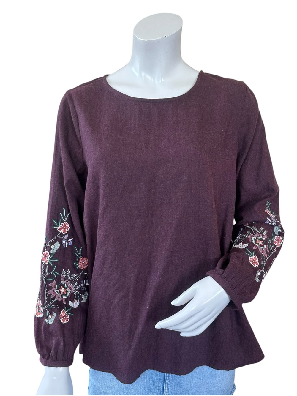 J. Jill Maroon Plum Long Sleeve High Neck Floral Beaded Embroidered Top Medium P